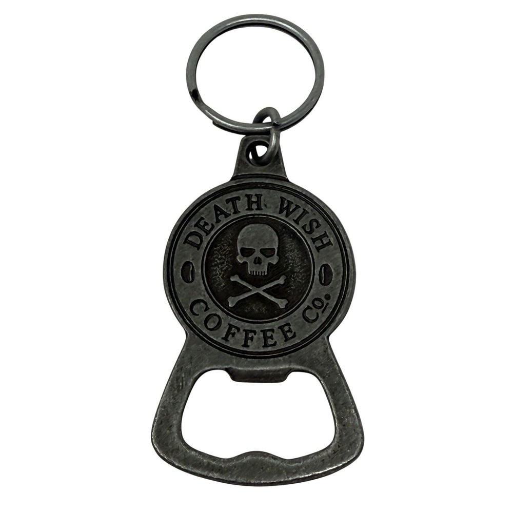 Death Wish Coffee Co‎ Bottle Opener Keychain Silver Skull Crossbones Pewter Tone